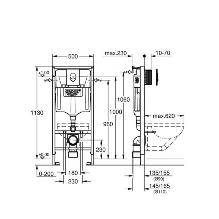 Инсталляция подвесного унитаза GROHE Rapid SL 3 в 1 кнопка Skate Cosmopolitan, прямоугольная, хром 38772001