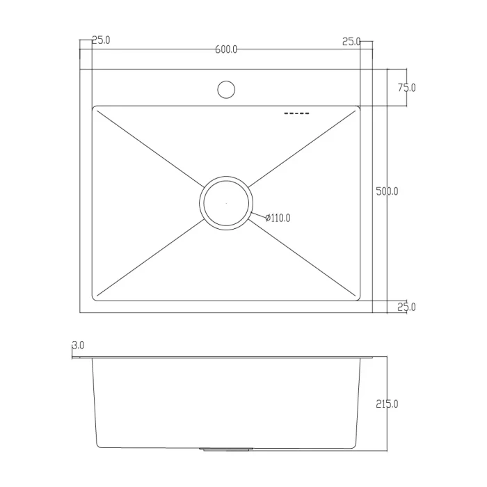 ID 6050-B мийка одинар.600x500x215мм,  (3.0/0.8мм), сифон, дозатор, кошик, PVD Black {1/1}