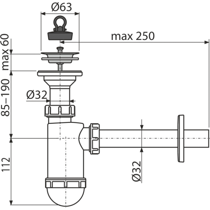 A410 Умивальник 1 1/4*d63 нерж., жорстка трубка 32мм {25}