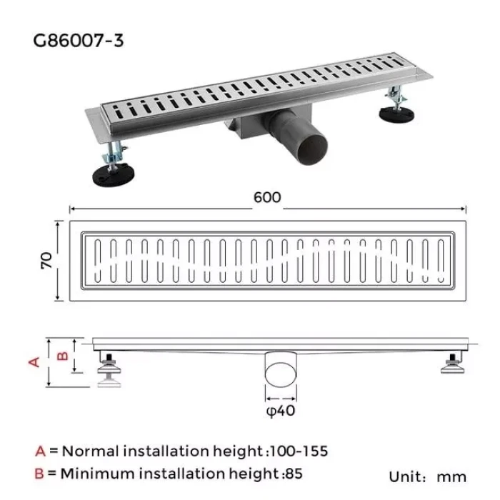 Трап для душу GAPPO G86007-3, 70х600 мм, нержавіюча сталь