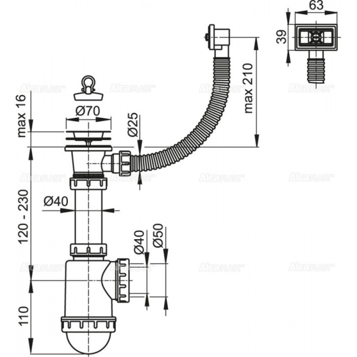 A444 Кухня 1 1/2*d70 нерж. з прямокутним переливом, без випуску {15}